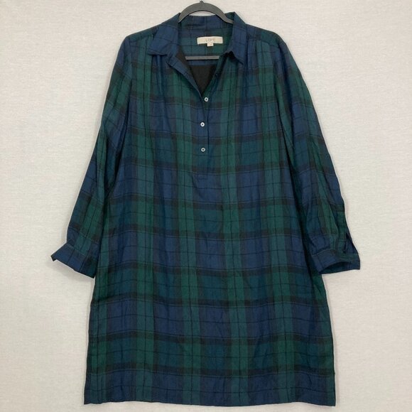 Ann Taylor LOFT Blue Green Plaid Academia Long Sleeve Popover Dress Large - Picture 1 of 12